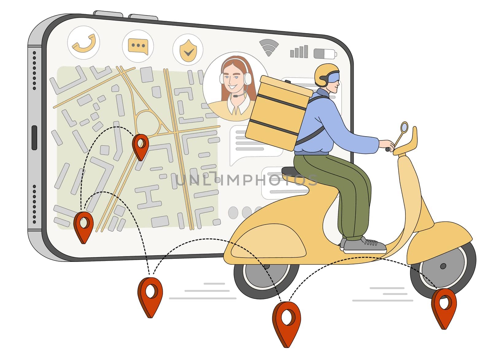 Fast delivery service. Flat courier with backpack on scooter delivers food, parcels or mails. Man on motorcycle and online shipping application smartphone with navigator pin or gps mark on city map.