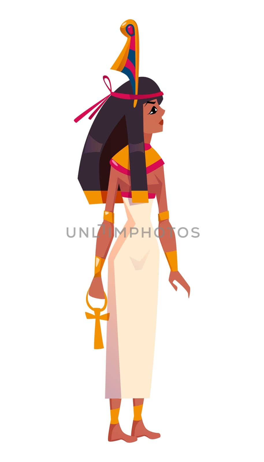 Ancient Egyptian goddess Maat. Deity of justice with sacred feather in hair flat vector illustration. Mythological character with symbol of truth on head isolated on white background.