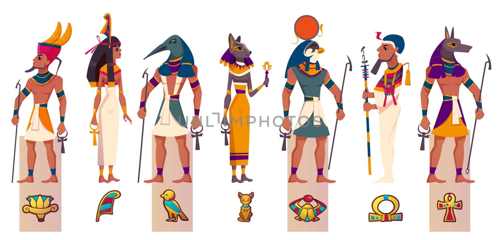 Set of ancient Egyptian gods and goddesses. Vector flat characters of Egypt mythology, myth Cairo statues. Ra, Bastet, Maat, Thoth, Anubis and Ptah with religious symbols isolated on white background.