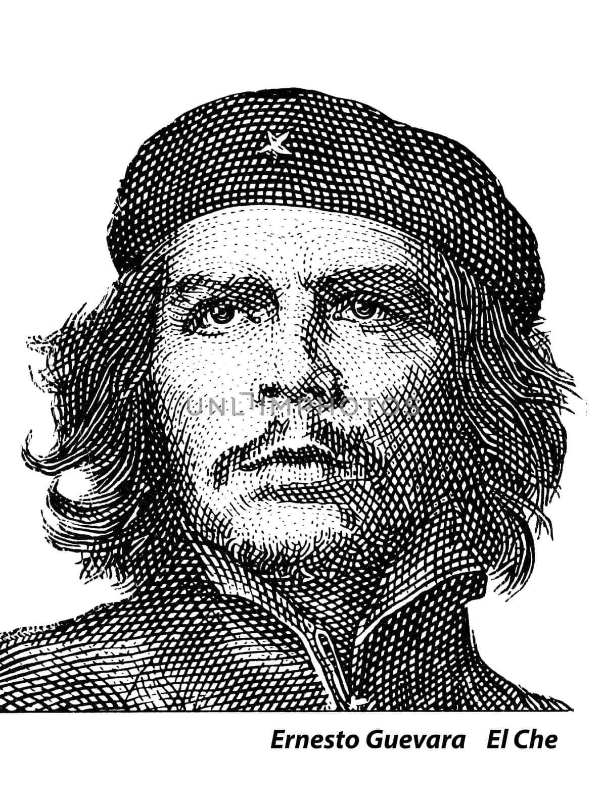 Portrait of Ernesto Che Guevara historical leader of Cuba on three peso banknotes, colored in black color isolated on white background