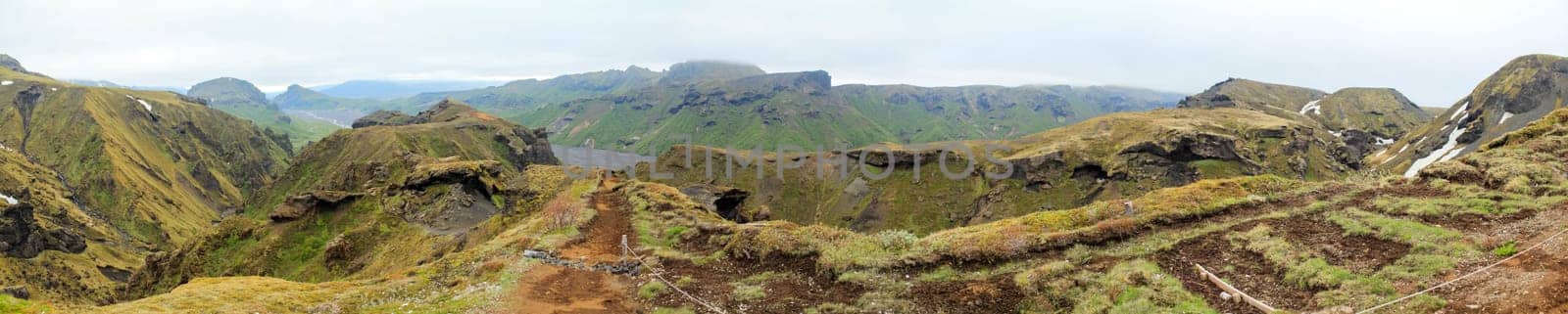 Panorama of highland landscape in Thorsmork, Fimmvorduhals hiking trail in Iceland