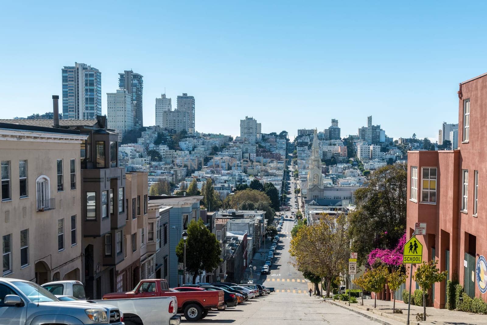 View of the San Francisco skyline from Lombard Street, USA