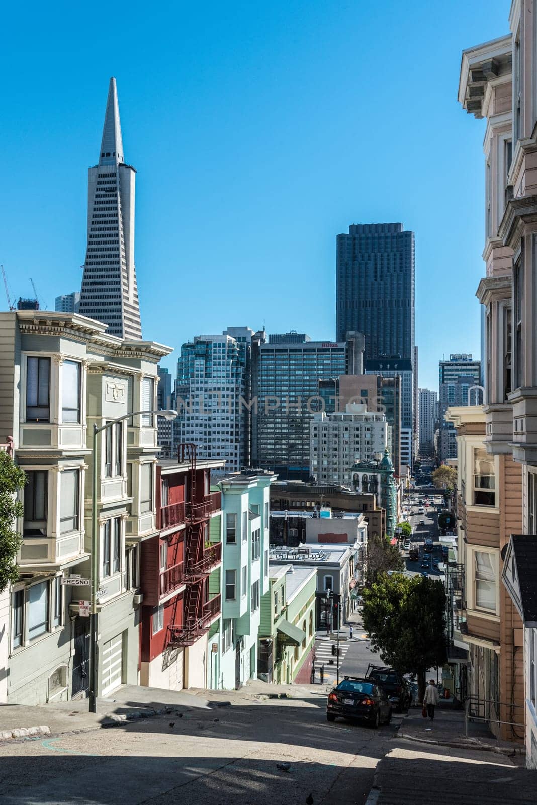 View of the San Francisco skyline from Lombard Street, USA