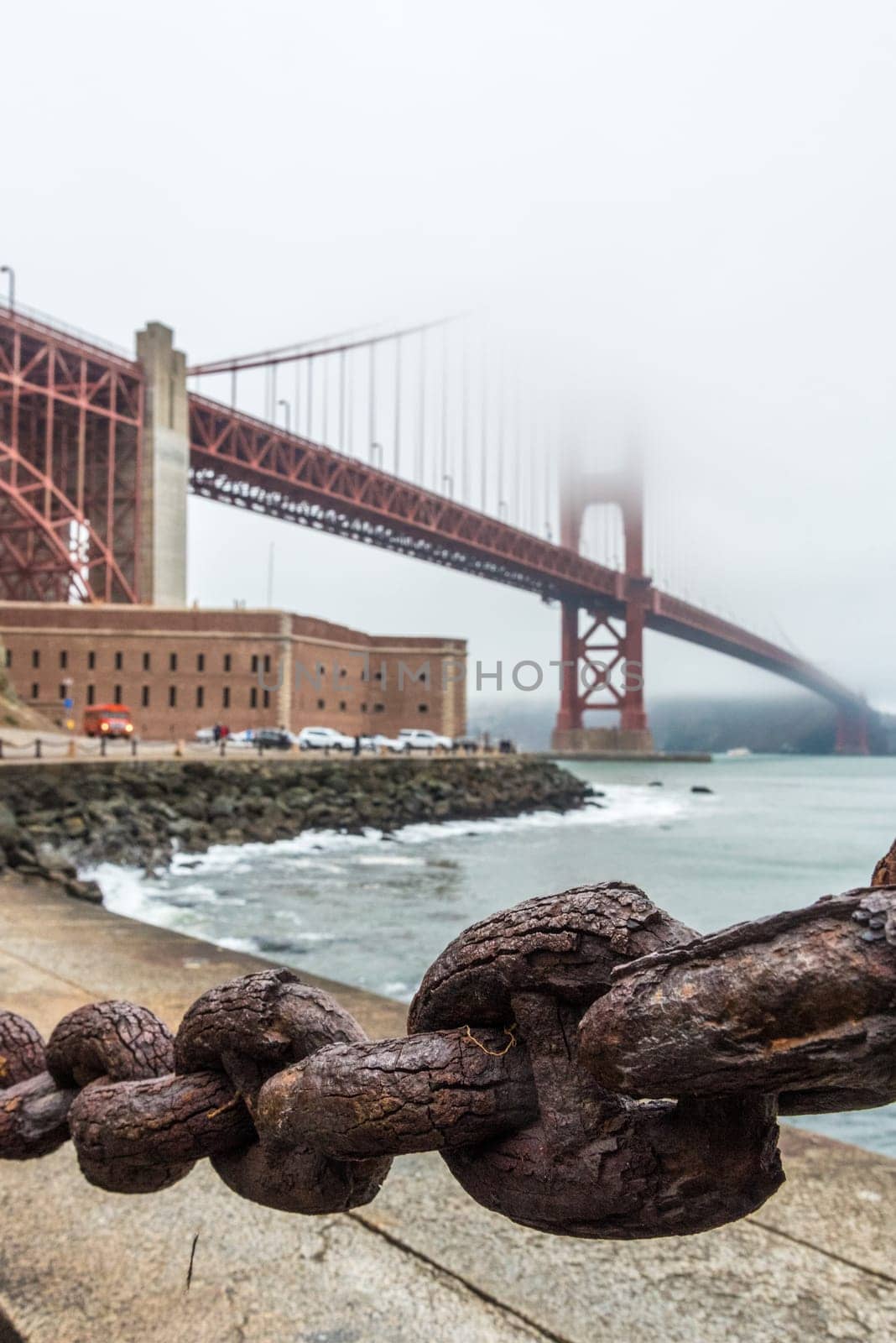 Beautiful old link chain fence at the Golden Gate Bridge in San Francisco, USA