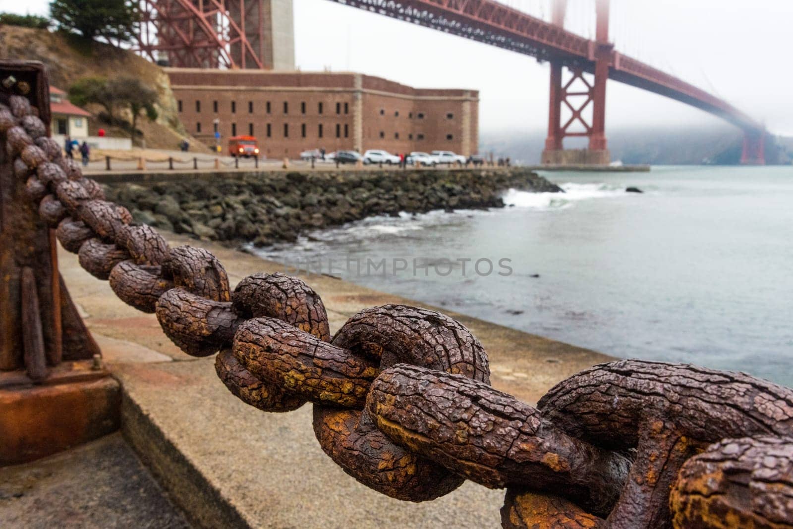 Beautiful old link chain fence at the Golden Gate Bridge in San Francisco, USA