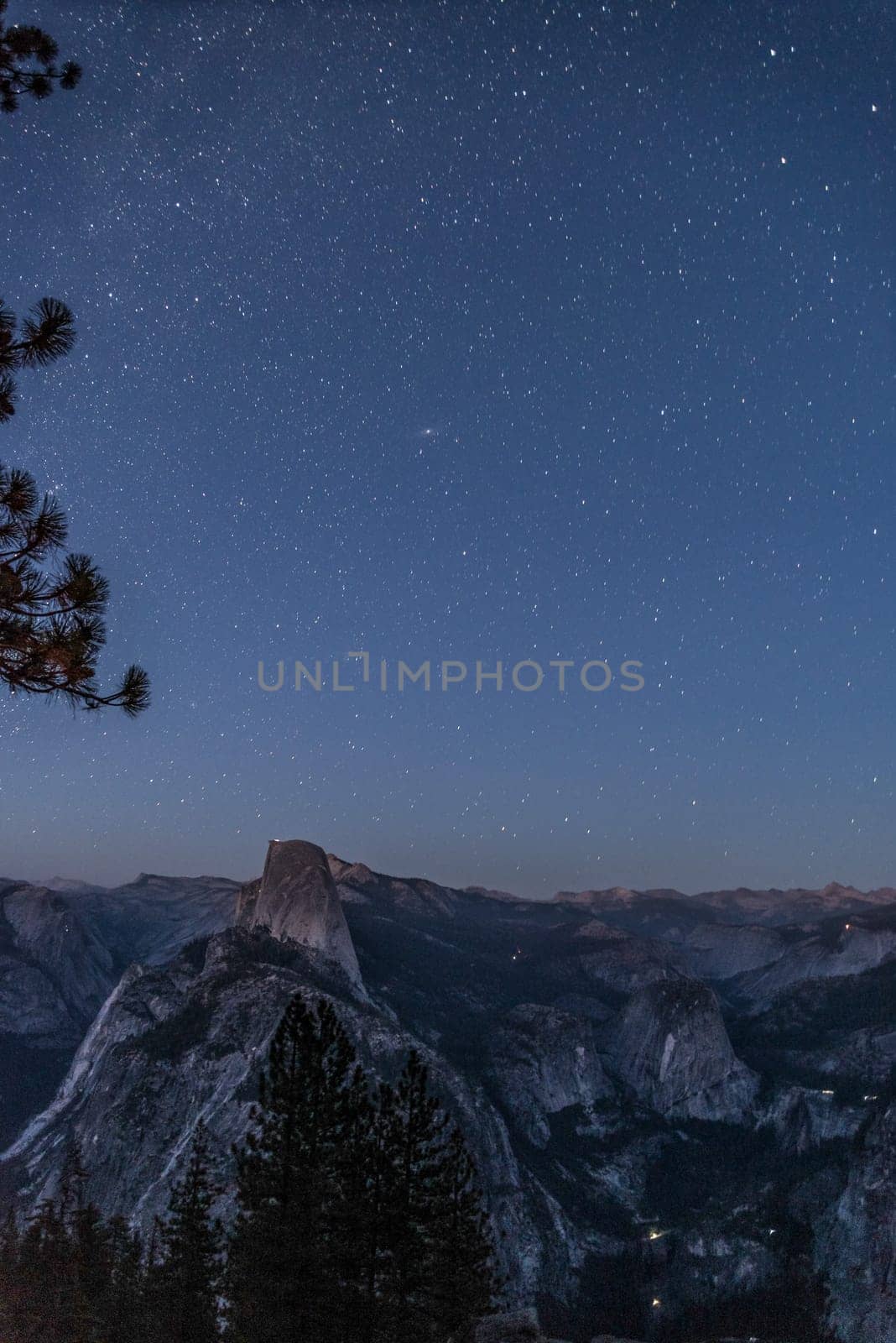Scenic night sky above the famous Half Dome mountain, Yosemite NP, USA