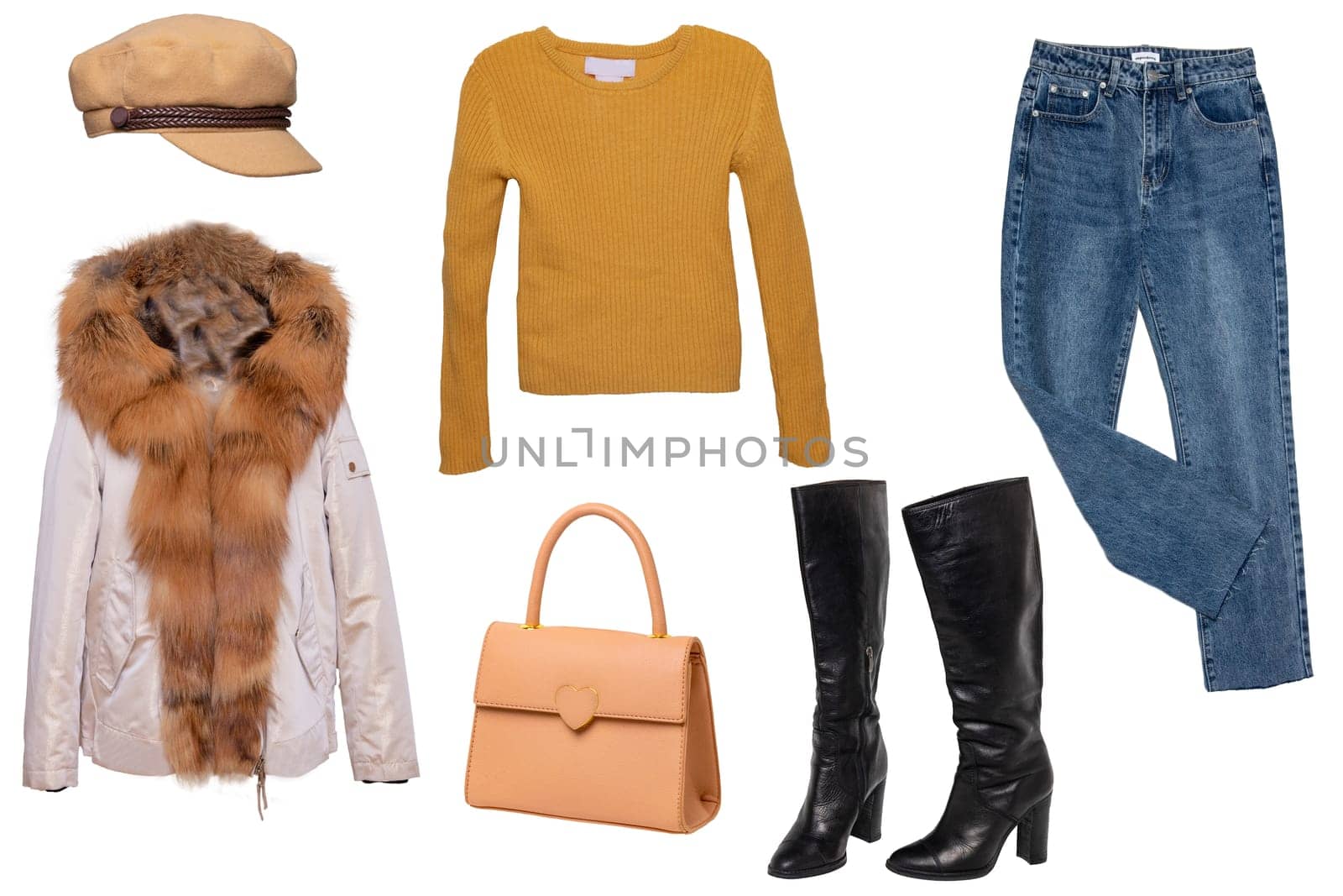 Collage set of autumn and winter clothes isolated. Female woman apparel collection. Girls fashion clothing outfit. Jacket with fur, jeans, sweater, boots, sneaker and bag.