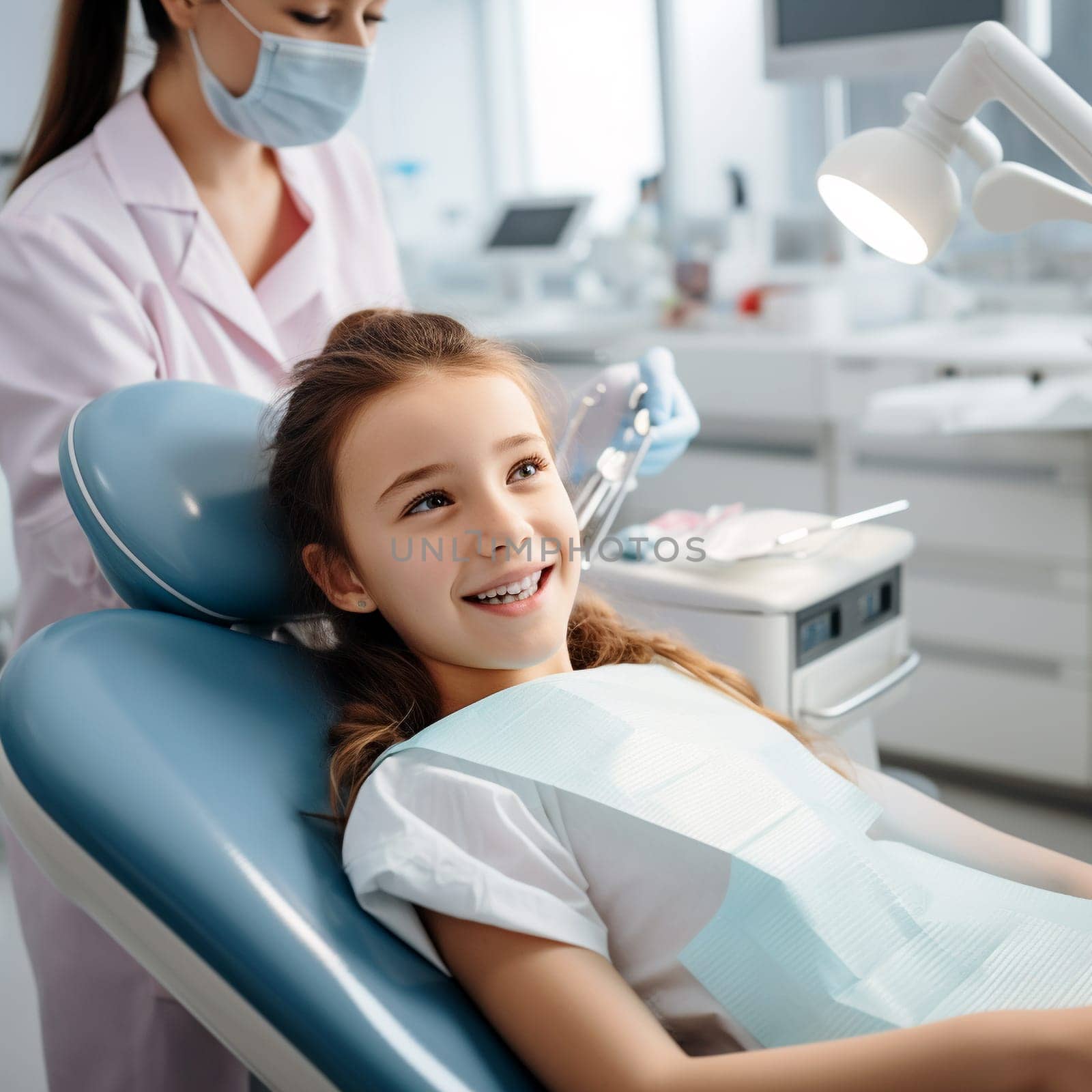 Child sitting in dentist's chair. AI generative.