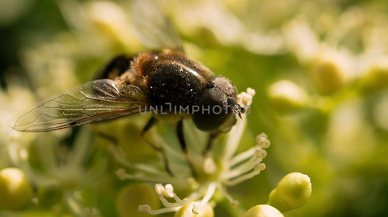 Honey bee on a flower collecting nectar. Macro shot in summer sunshine. Animal photo