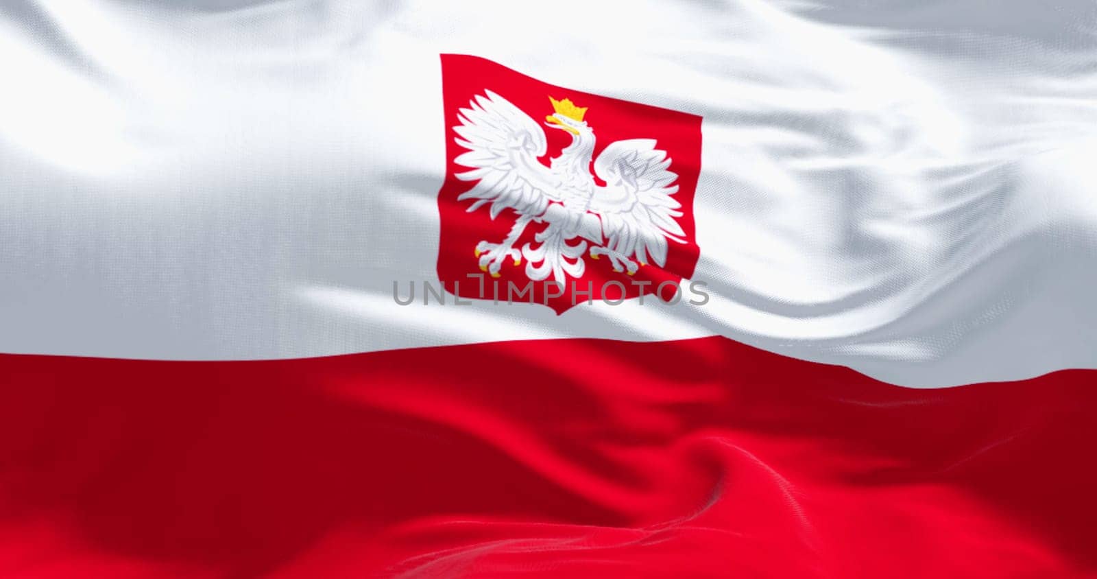 Close-up of Poland national flag waving in the wind. Two horizontal stripes, white on top and red on bottom, with the Polish coat of arms in the center. 3d illustration render. Rippling textile