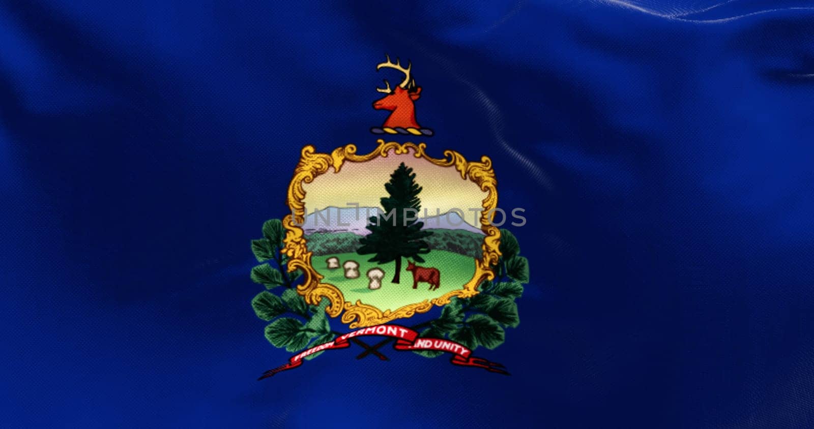 Close-up of Vermont state flag waving in the wind. Blue background with State coat of arms and motto. 3d illustration render. Fluttering fabric.Textured background