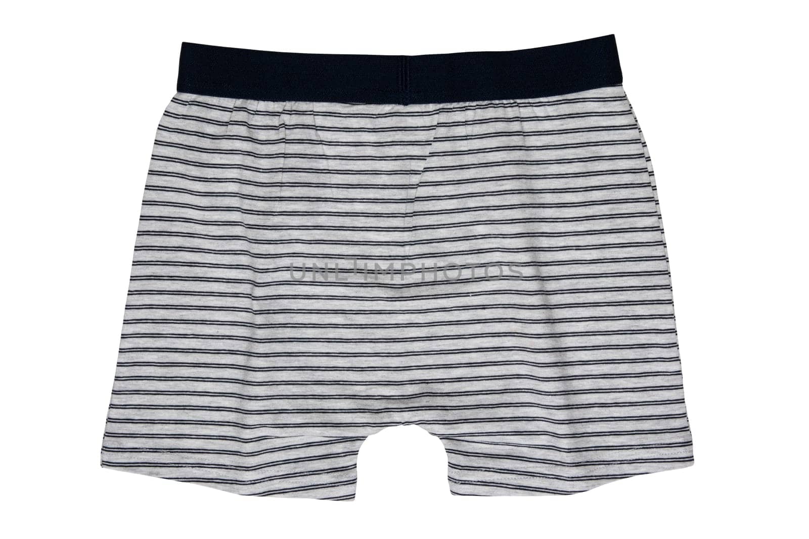 Male underwear isolated. Close-up of gray striped boxer short isolated on a white background. Mens underwear fashion. Clipping path. Back view. Boys fashion.