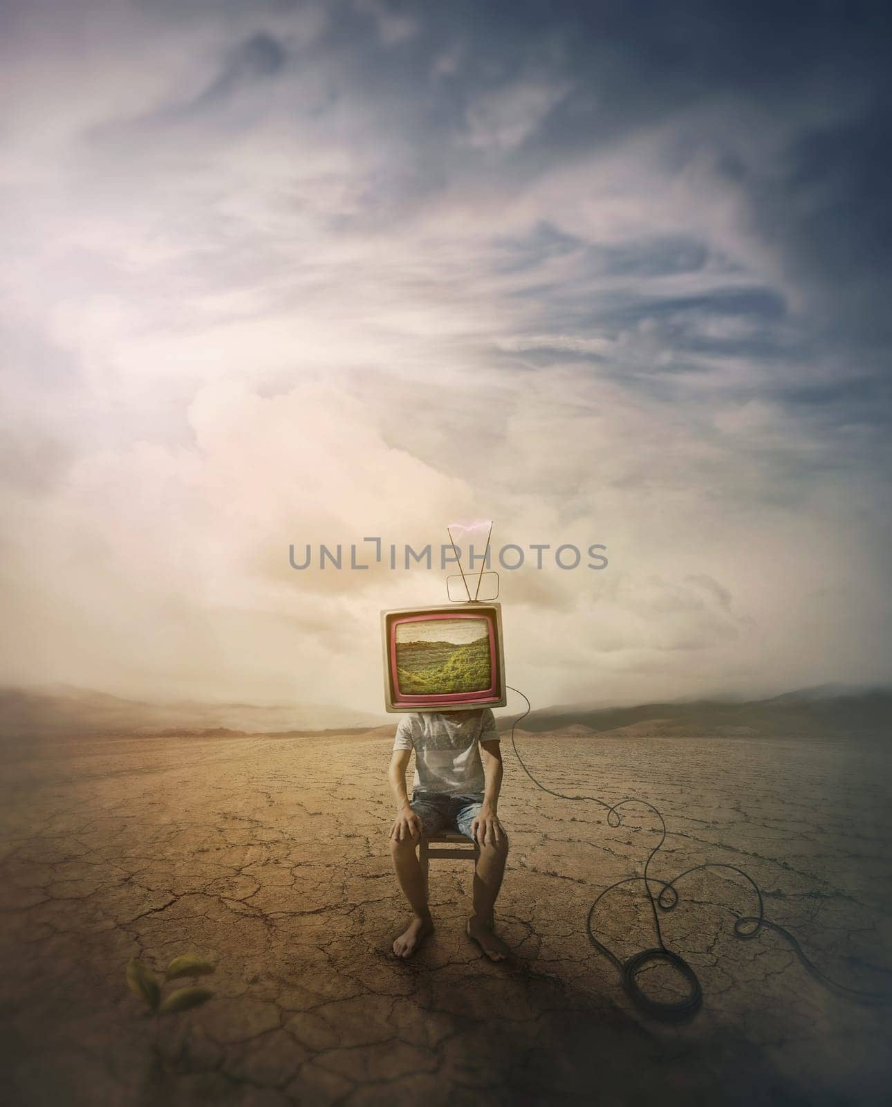 Person with TV monitor instead his head sitting in the middle of a dry land showing green nature scenes on the screen. Environmental and climate change concept, consequences of global warming