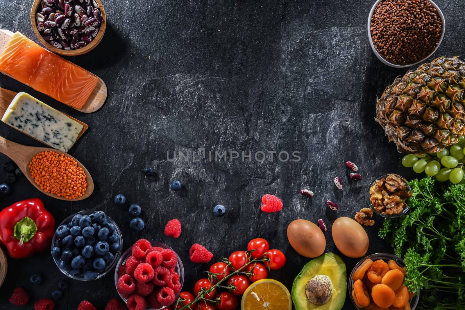 Composition with food products, ingredients of healthy diet that maintains or improves overall health status