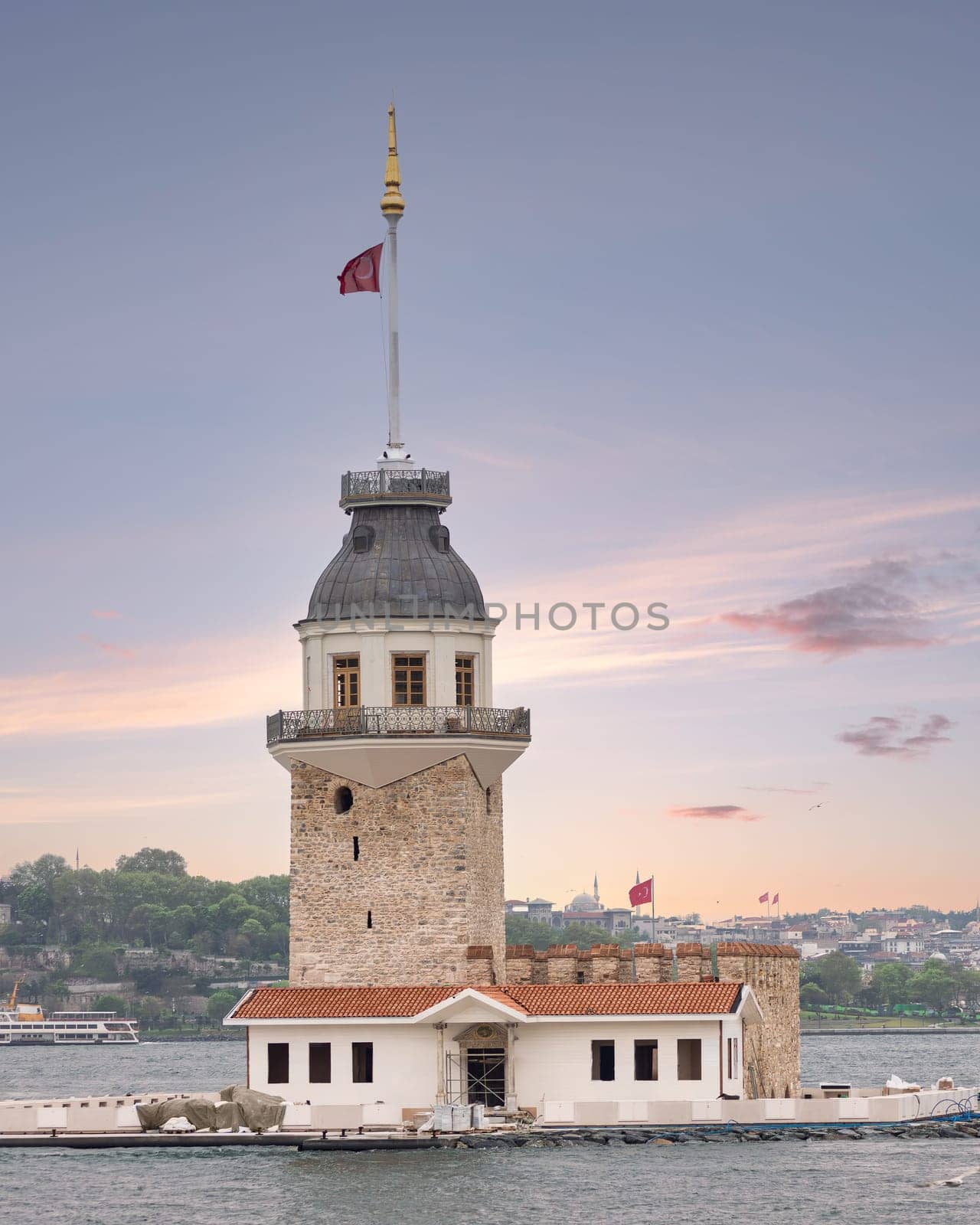 Maiden's Tower, Turkish: Kiz Kulesi located in a small islet in Bosphorus strait near the coast of Uskudar district, Istanbul, Turkiye