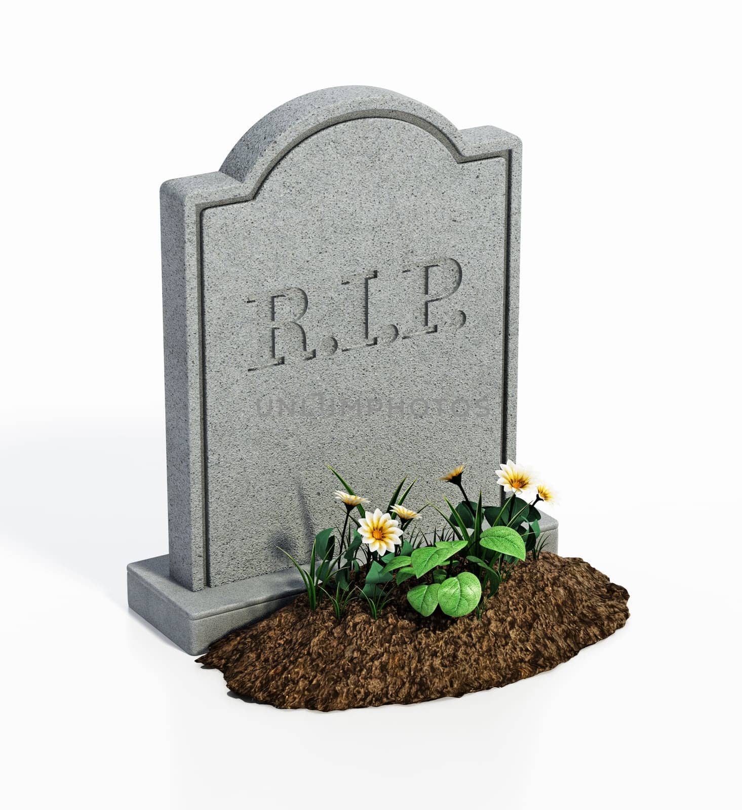 Gravestone with soil and flowers isolated on white background. 3D illustration.