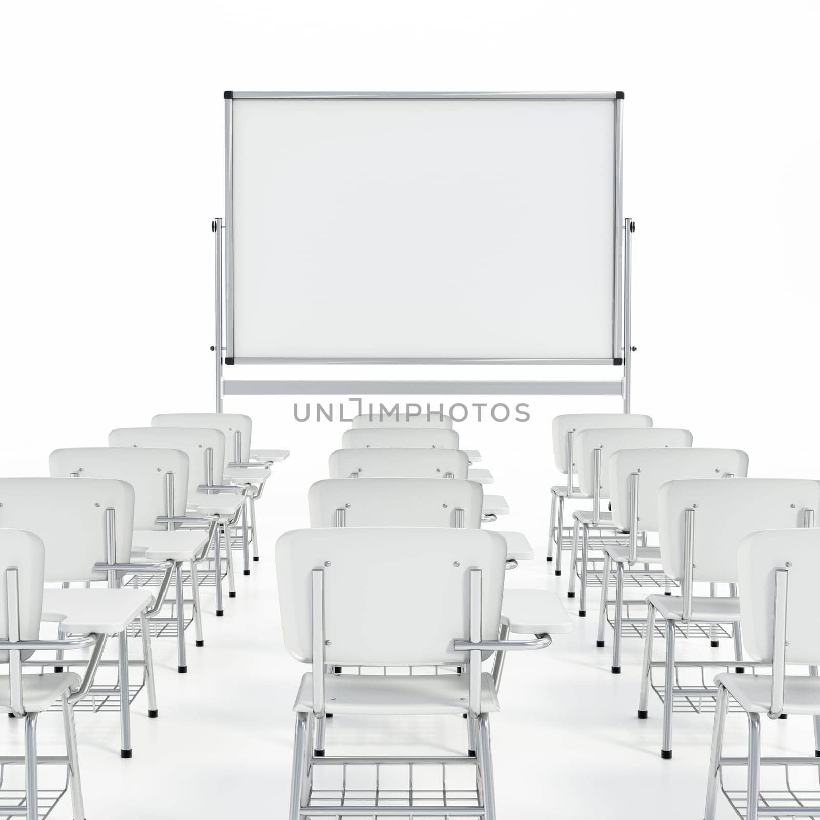 Rows of student desks and whiteboard isolated on white background. 3D illustration.
