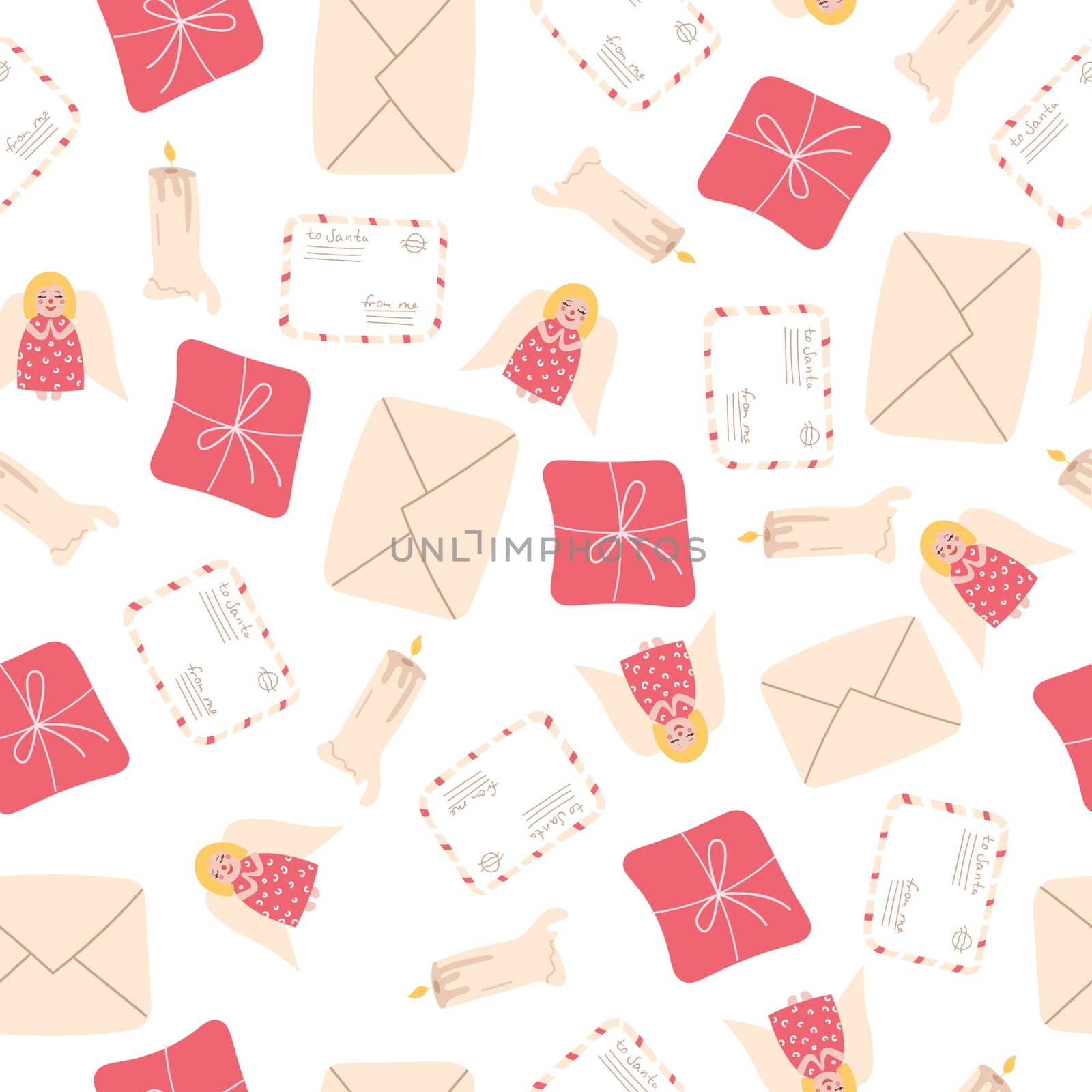 Christmas and Happy New Year seamless pattern with Christmas toys, candles and gifts. Trendystyle.