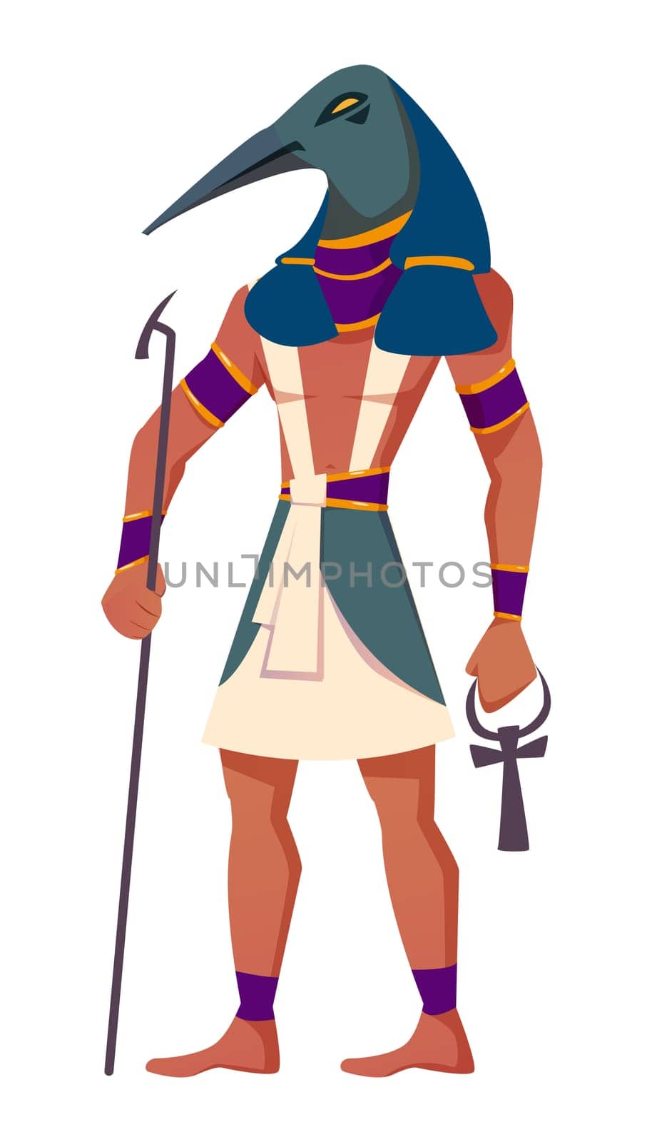 Ancient egyptian god Thoth with head of ibis flat vector illustration. Deity of moon, knowledge, sciences and wisdom isolated on white background. Antique mythological character from history, religion
