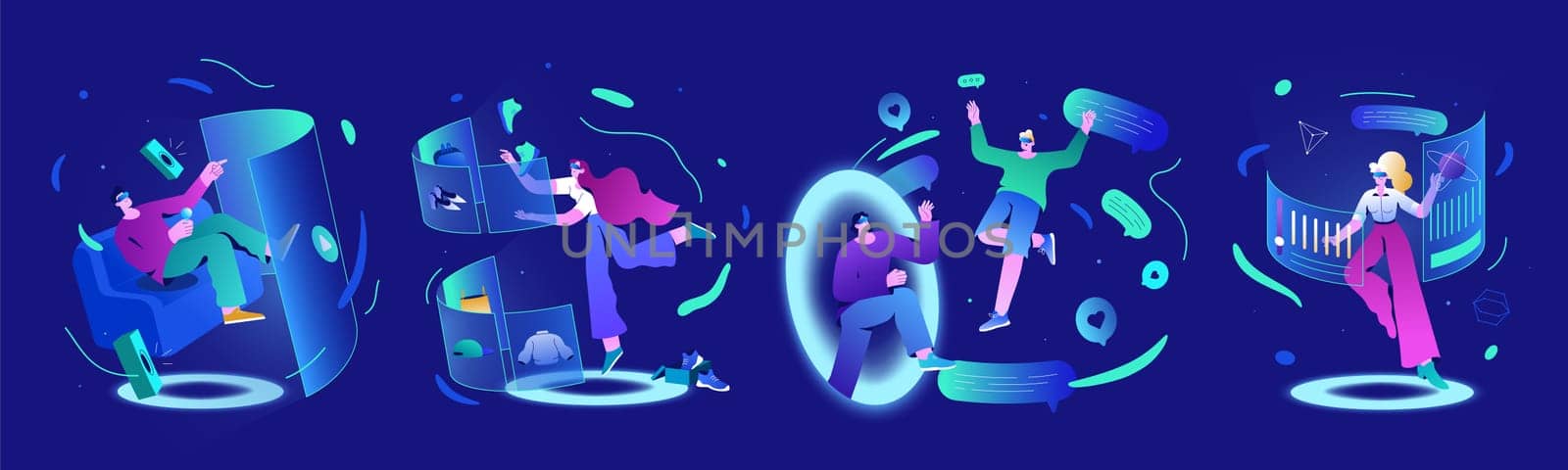 Metaverse game tech vector illustration. People use virtual reality glasses for games, learning, shopping. Man and woman in futuristic interface 3d hologram data. Future innovations, vr communication.