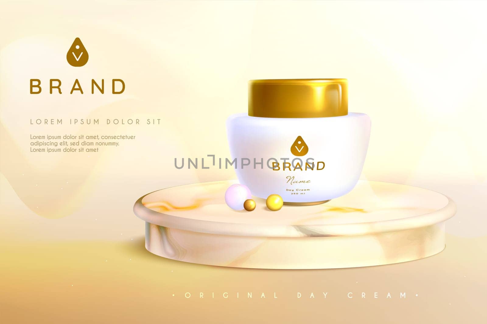 Pearl cosmetics, vector realistic advertising poster. Jar with golden lid on round marble podium stage. Mock up promo banner with luxury packaging for cosmetic anti-aging product next precious pearls.