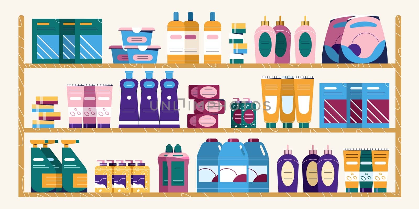 Supermarket shelves with detergent bottles and chemical cleaning supplies. Flat shelf with household chemicals, washing powder, personal hygiene items. Dometic chemistry store. Cleanser display racks.