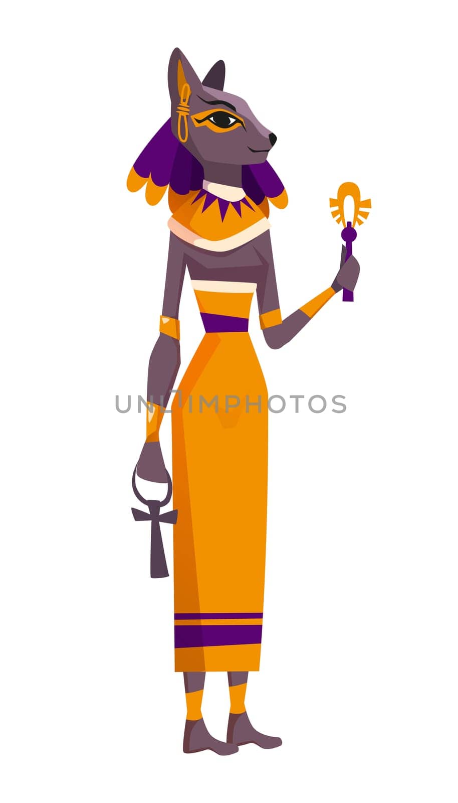 Flat ancient Egyptian goddess Bastet with head of cat. Egypt sacred animal headed woman, feline deity of domesticity and home isolated on white background. Antique mythological character from history.