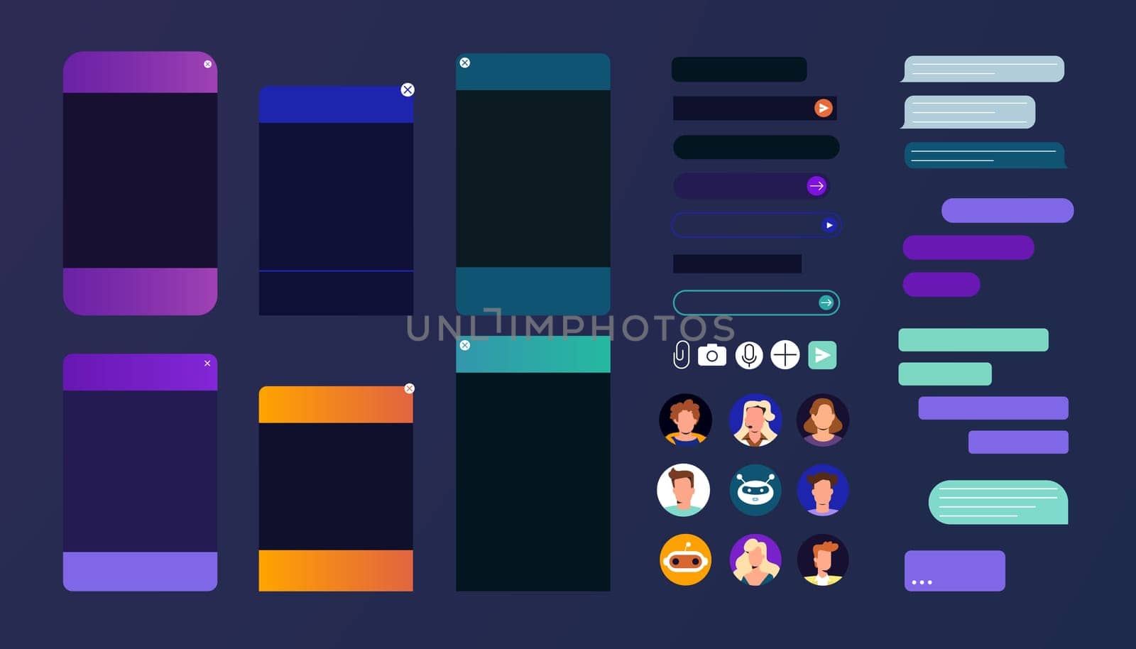 Chat bot dialogue windows set in dark night mode. Talk interface with consultant chatbot robot, online personal assistant, user avatar and message bubble. Flat design for customer service support.