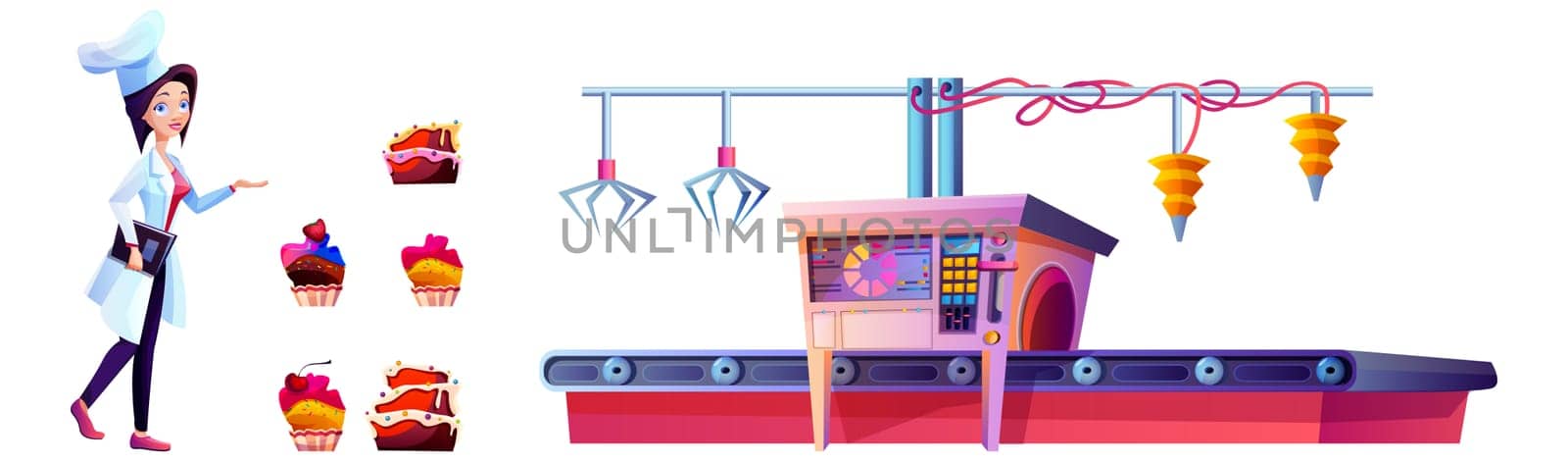 Confectioner on candy factory and cake production line isolated on white background. Cartoon conveyor belt with confectionery products and cupcakes. Manufacturing process of sweet food cooking.