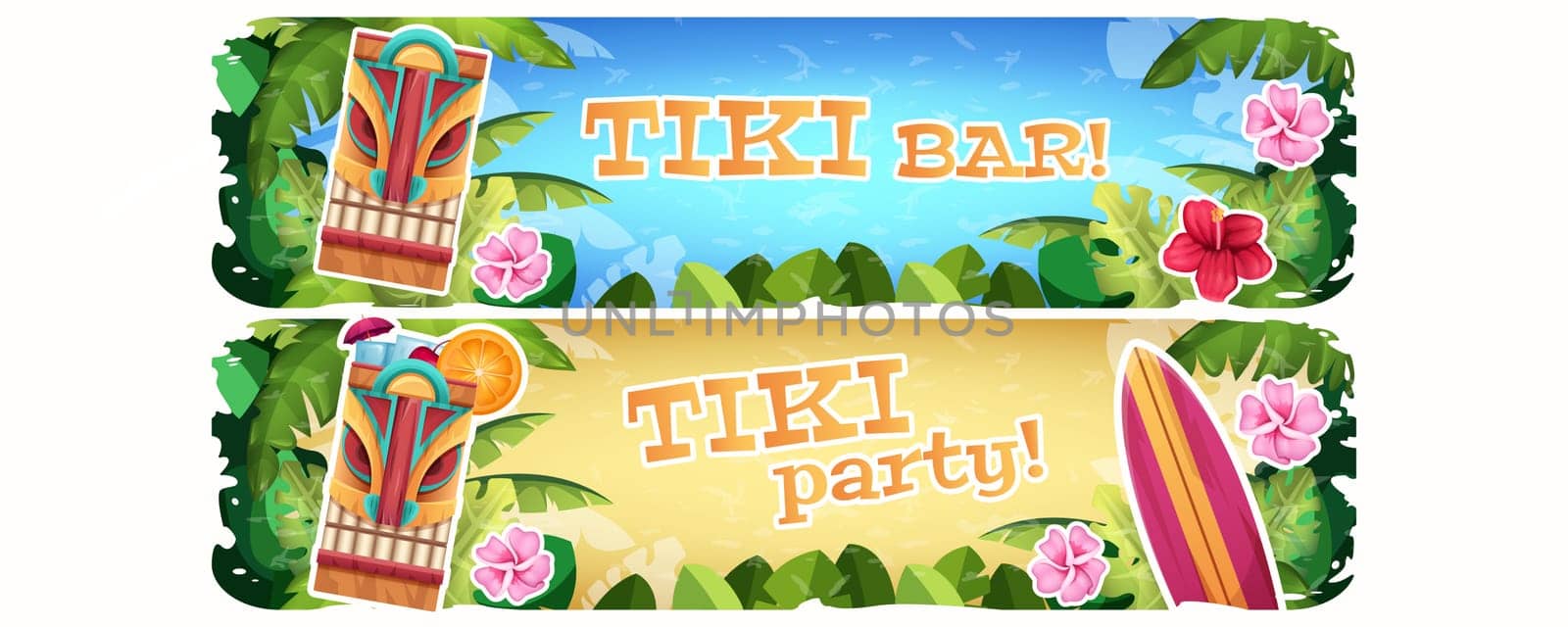 Horizontal banner with traditional hawaiian wooden tribal mask and tropical exotic plants and flowers. Summer dance party invitation, hawaii poster on white background. Cartoon vector illustration.