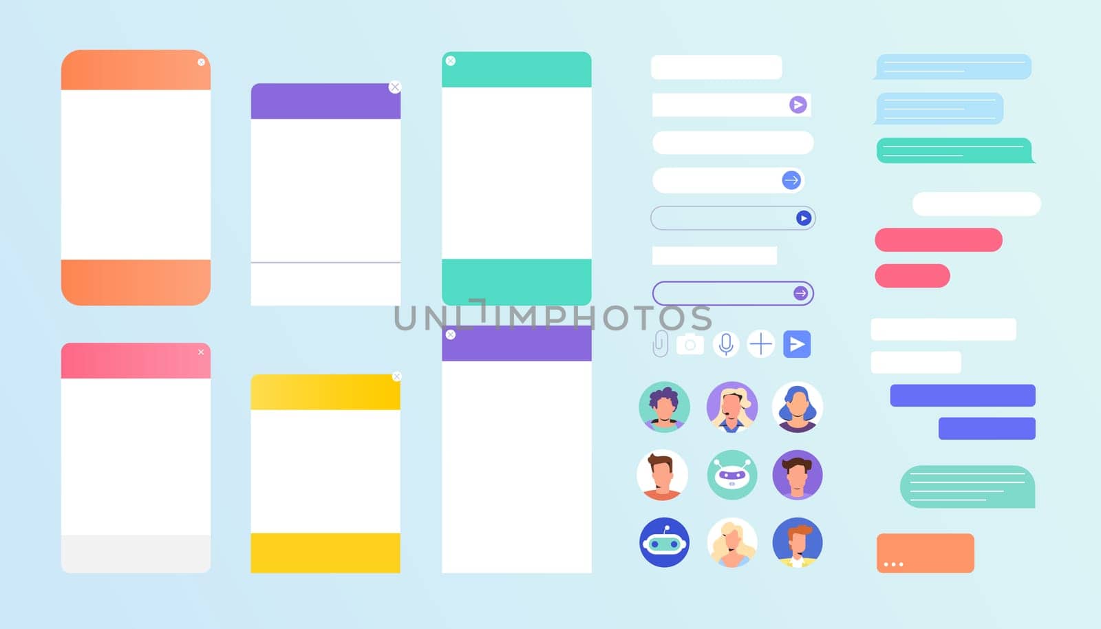Chat bot dialogue windows set with empty text boxes. Talk interface with user avatar, consultant chatbot robot, online personal assistant and message bubble. Flat design for customer service support.