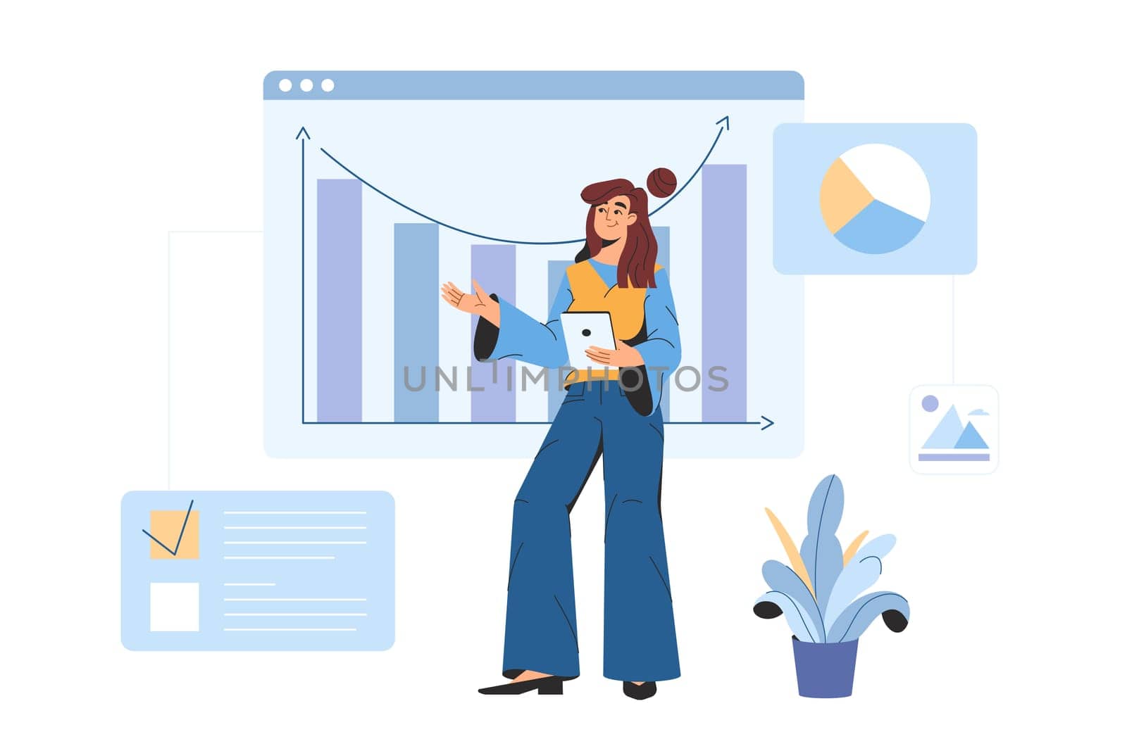 Digital data analysis and graphic design statistical for business finance investment. Flat woman office worker analyzing statistical information, charts and graphs at dashboard.
