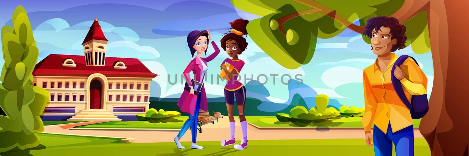 Vector cartoon students in front of college campus building at green yard. Landscape with education house of university and multiracial teenagers. Young characters near high school or public library.