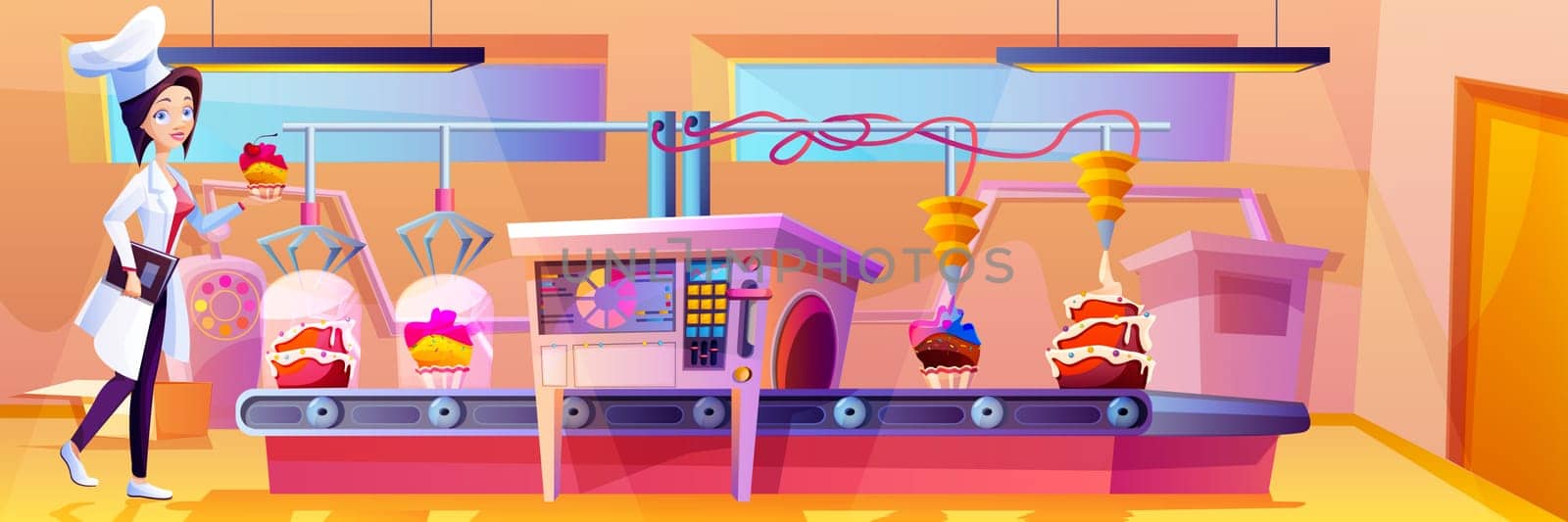 Cartoon confectioner on candy factory control cake production on conveyor belt. Desserts and cupcakes moving on line with automation system. Manufacturing process of sweet food cooking and decorating.