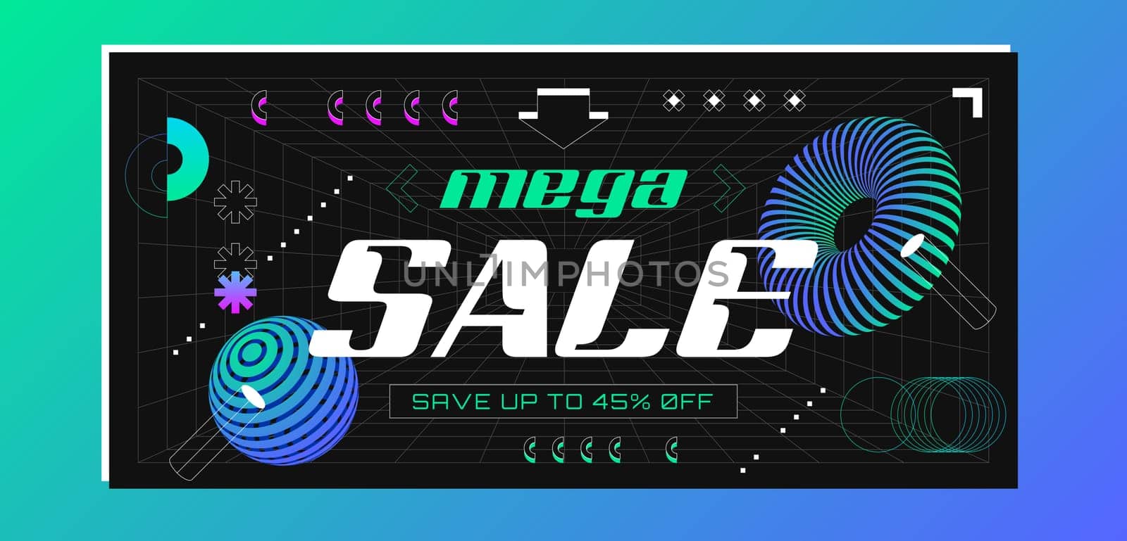 Retrofuturistic sale banner with abstract 3d wireframes geometry objects from line grid. Futuristic promotion template design with geometric shapes in vaporwave style. Discount, special offer concept.