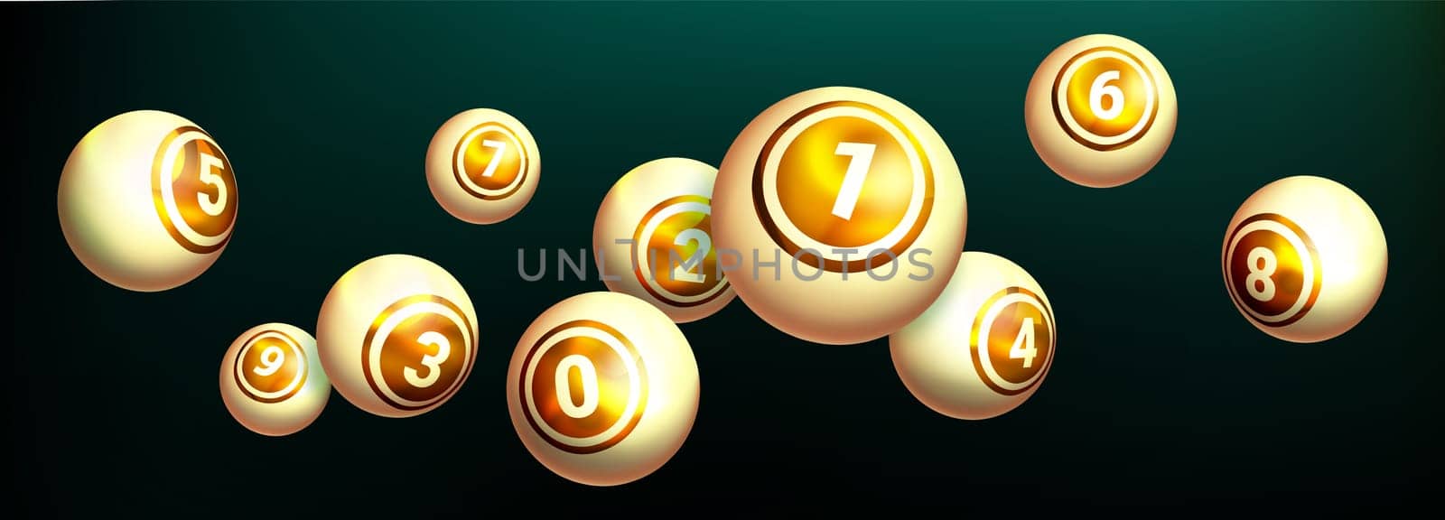 Realistic golden lottery ball on dark background. Gold balls with numbers of winning combination for gambling game. Collection glossy spheres for lotto, kenny and bingo.