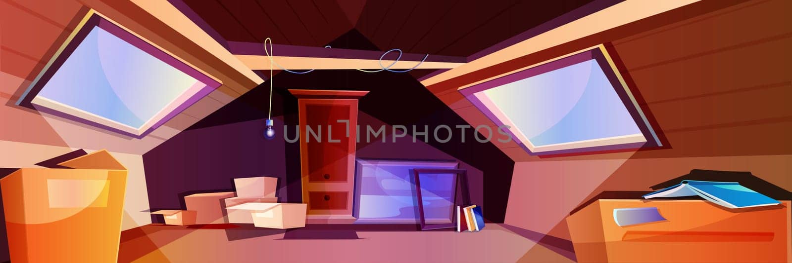 House attic interior cartoon vector illustration. Mansard room with wooden wardrobe, carton boxes and window in roof. Garret place with wood floor, ceiling beam, old things and scattered books.