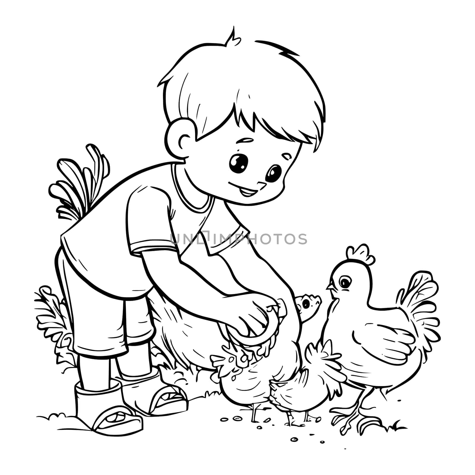 A Boy Feeds Chickens Coloring Pages For Kids