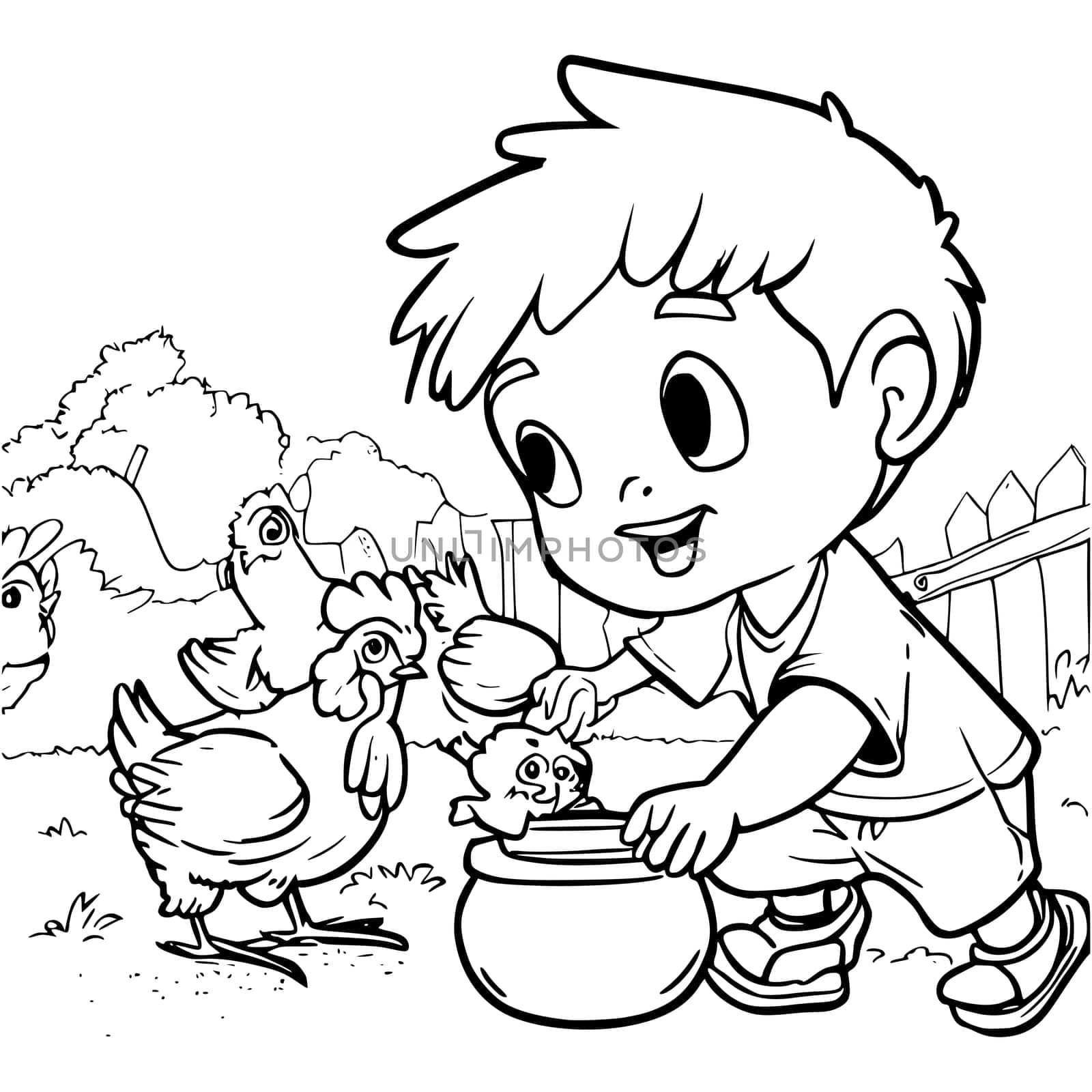 A Boy Feeds Chickens Coloring Pages For Kids