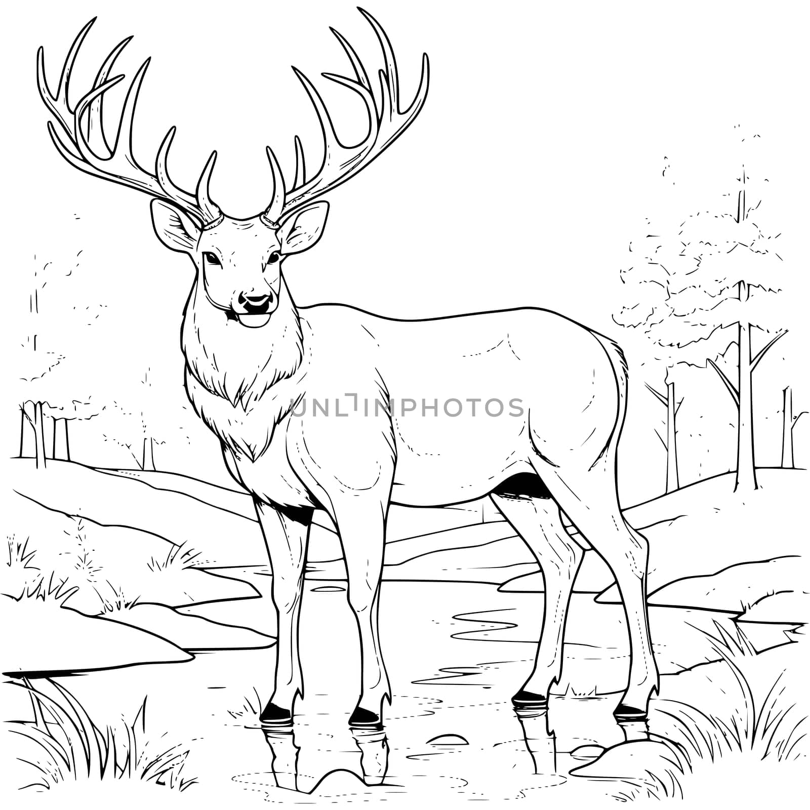 Big Deer On The River Bank Coloring Page Drawing For Kids