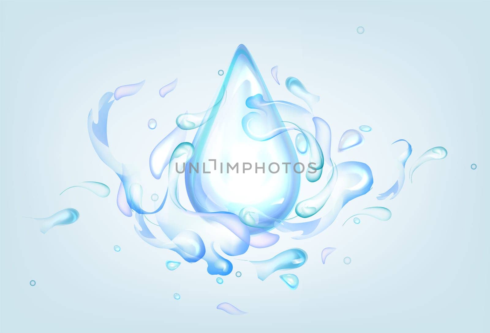 Blue drop with water splashes. Realistic 3d vector Illustration of fluid splashing isolated on light background. Liquid waves with swirls, clear pure aqua element with spray droplets. Hydration ad.