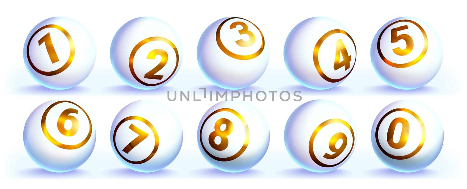 Lotto white balls with golden numbers vector realistic illustration. Lottery gambling glossy spheres. Snooker, leisure sport game or billiard bingo ball isolated on white background.