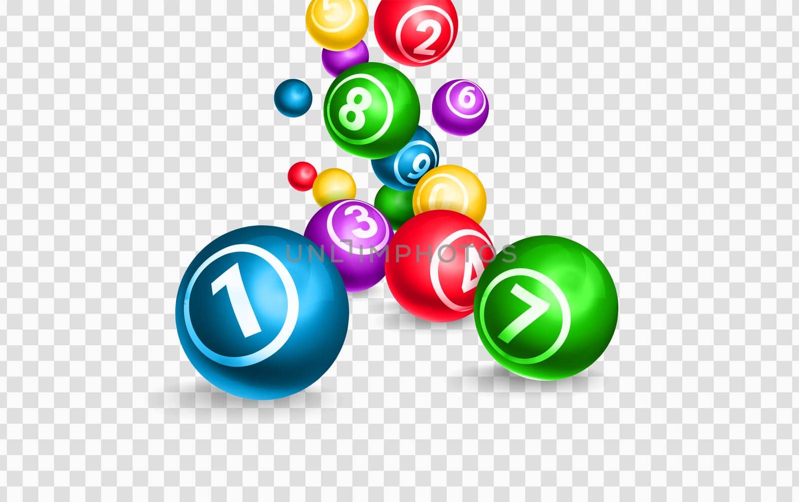 Lotto balls 3d realistic vector illustration. Colourful falling spheres with lucky winning combination numbers. Keno, bingo, lottery gambling games. Gaming leisure activity, raffle or jackpot concept.