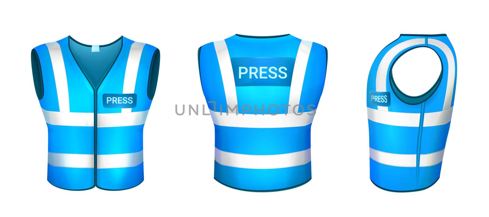 Blue safety vest for press with reflective elements, fluorescent stripes. Protective uniform or hi-vis clothing for reporters, journalists and mass media worker. Waistcoat in back, front and side view