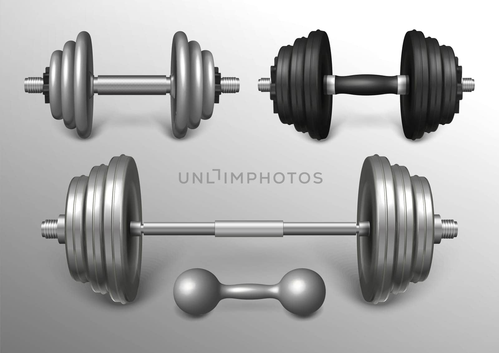 Set of metal barbell and loadable dumbbells realistic vector illustration. Heavy fitness sport tools for training, weightlifting workout. Powerlifting gear and gym equipment for strong muscles.