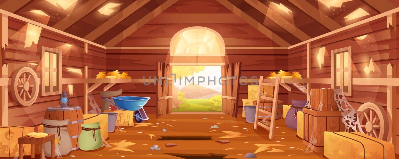 Cartoon abandoned farm barn interior with destroyed floor, walls and spiderweb. Wooden neglected ranch with haystacks, sacks and old agricultural tools. Deserted rustic storehouse building inside view