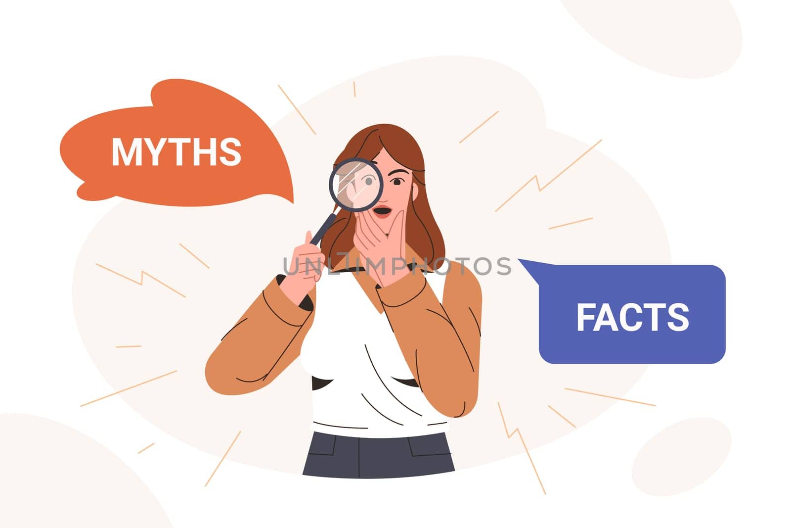 Myths and facts flat vector illustration. Amazed woman looking through magnifying glass and thinking or comparing between truth and false. Fake news versus true and honest. Concept of fact checking.
