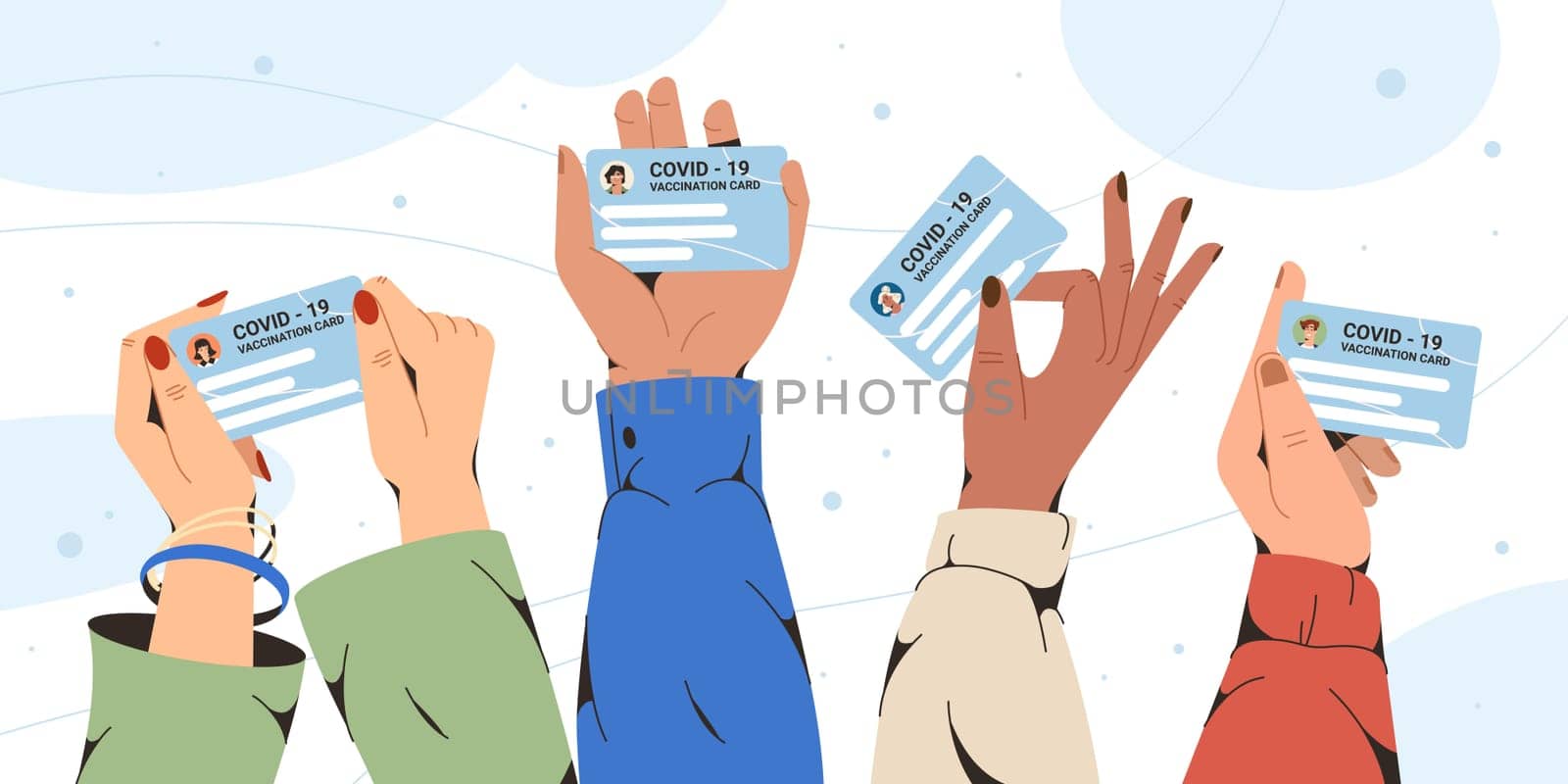 Flat hands holding vaccination record card. Vaccinated people hold health passport. Personal coronavirus vaccine information, individual immunity certificate. Protection from virus.