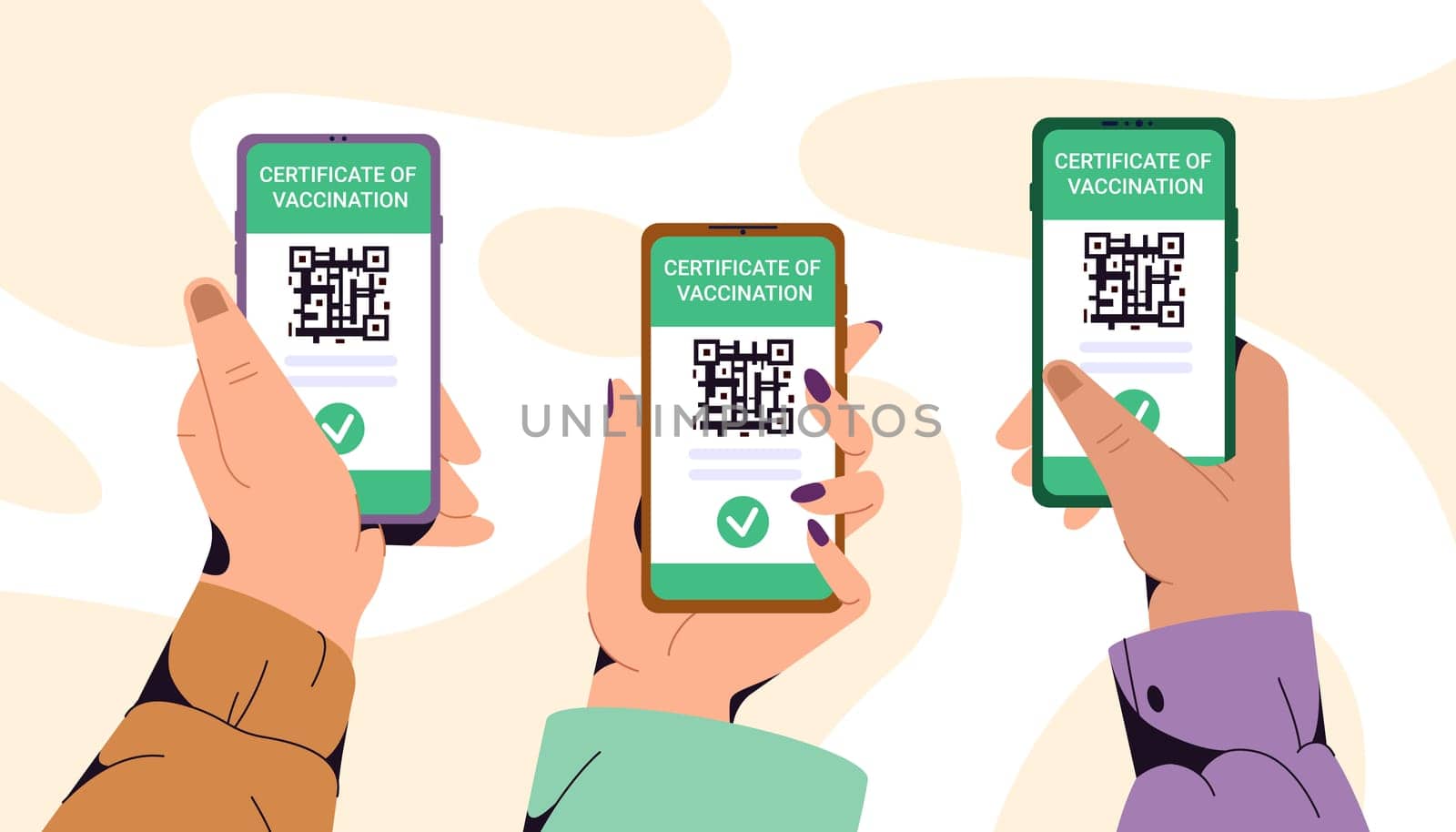 Flat hands holding phones and showing green certificate of vaccination. Smartphone with vaccine QR code in mobile app. Vaccinated people using digital health passport for travel. Immunity concept.
