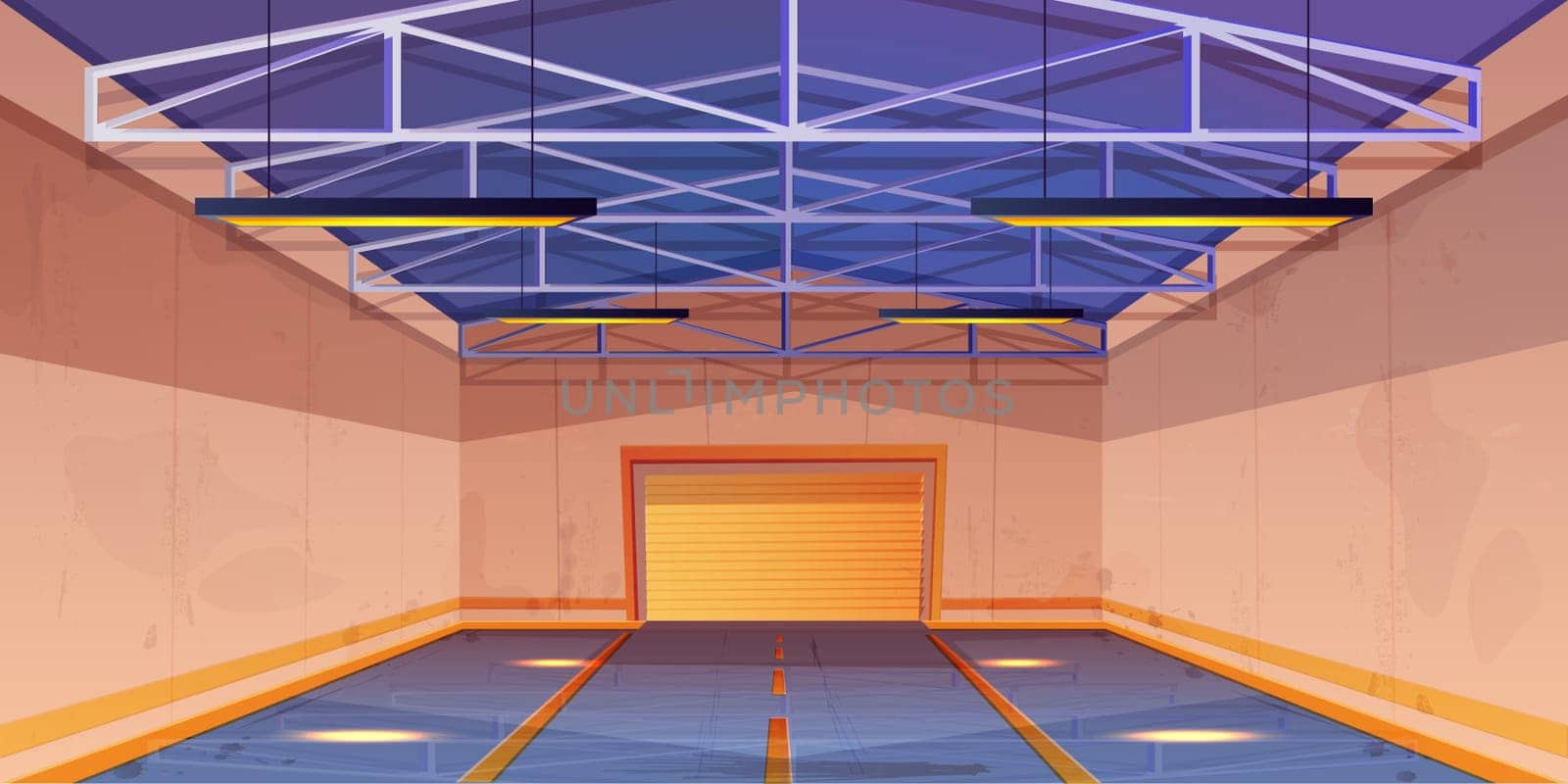 Empty warehouse interior with illuminating lamps on ceiling. Garage storage with rolling shutter gate and concrete flooring with markup. Storehouse room in store cartoon vector cartoon illustration.
